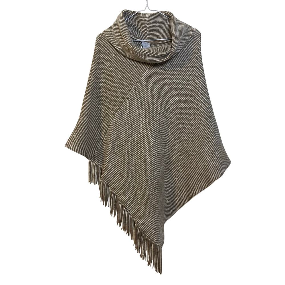 Chico's Cowl Neck Poncho Metallic Striped Gold Cape Fringe Pullover Wrap One Sz